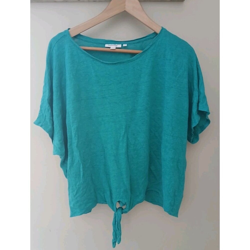 Chico's S/S 100% Linen Tie Front Popover Blouse